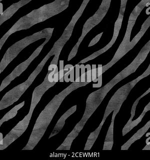 Abstract gray black zebra striped textured seamless pattern background. Watercolor hand drawn monochrome dark animal fur skin stripe texture. Watercol Stock Photo