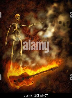 Skeleton on burning bass guitar Stock Photo