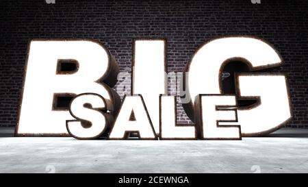 Large sign with the text Big Sale, it is similar to rusty sheet metal with lighting, the background is a brick wall and a concrete floor. Three-dimens Stock Photo