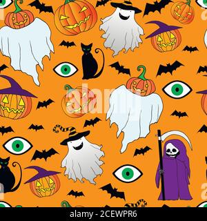 Seamless halloween pattern.Funny,crazy ghost,death with a scythe Stock Vector