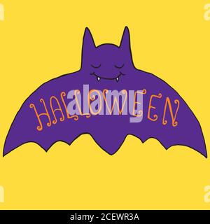 Funny, crazy, purple, bat with fangs, isolated.Vector hand drawn Stock Vector