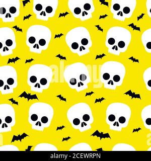 Funny skull, bat, halloween, seamless pattern, yellow background Stock Vector