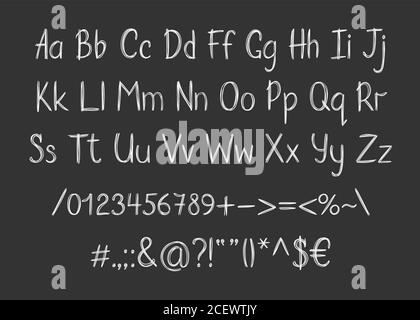 Chalk alphabet in sketchy style. Vector handwritten pencil letters, numbers and punctuation marks. Brush pen handwriting font. Stock Vector