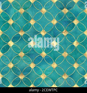 Seamless watercolour teal turquoise gold glitter abstract texture. Watercolor hand drawn grunge background with overlapping circles and golden contour Stock Photo