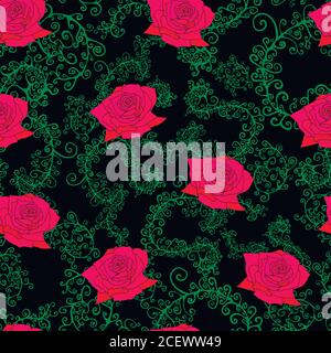 Roses, leaves, branches, seamless pattern. Stock Vector