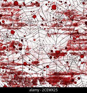 Halloween bloody red grunge background with spiderwebs and blood stains. Watercolor aged vintage abstract seamless pattern texture. Art rough urban st Stock Photo