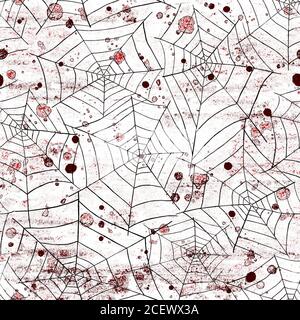 Halloween bloody red grunge background with spiderwebs and blood stains. Watercolor aged vintage abstract seamless pattern texture. Art rough urban st Stock Photo