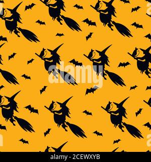 Silhouette witch on a broom and cat, bats, seamless halloween pa Stock Vector
