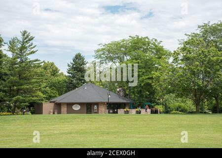 Naperville, Illinois, United States-April 24, 2014: Riverwalk Cafe building along the riverwalk path in Naperville, Illinois Stock Photo