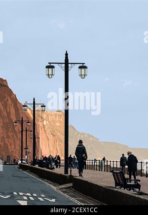 Photo illustration Walking the Espanade at the east end of Sidmouth Devon in March. The impressive Jurrasic Coast cliffs in view. Stock Photo