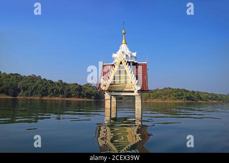 The Old Structure of Wat Wang Wirekaram (Old) Belfry Became Underwater City after the Dam was Built, Sangkhlaburi District, Kanchanaburi, Thailand Stock Photo