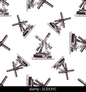 Seamless pattern of hand drawn sketch style windmills isolated on white background. Vector illustration. Stock Vector