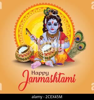 little Lord Krishna Indian God happy Janmashtami festival holiday. Vector illustration Stock Vector