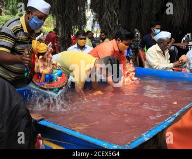 Idols of Lord Ganesha being immersed in a community tank by devotees as part of an annual ritual. Location:Nashik, Maharashtra, India. Date: September Stock Photo