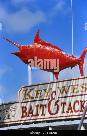 Red marlin model sign above the KEY WEST BAIT & TACKLE shop, Old Town Key West, Florida, USA Stock Photo