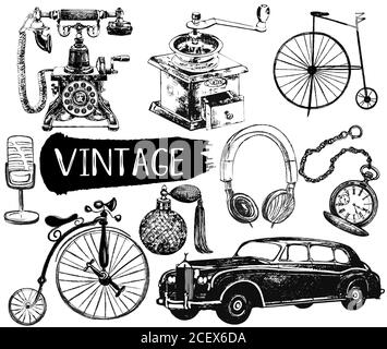 Set of hand drawn sketch style different vintage objects isolated on white background. Vector illustration. Stock Vector