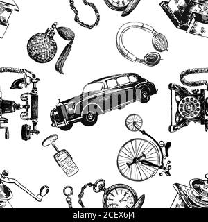 Seamless pattern of hand drawn sketch style different vintage objects isolated on white background. Vector illustration. Stock Vector