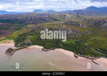 Aerial view of coast and beaches in Gruinard Bay in Ross and Cromarty, Scotland, UK Stock Photo