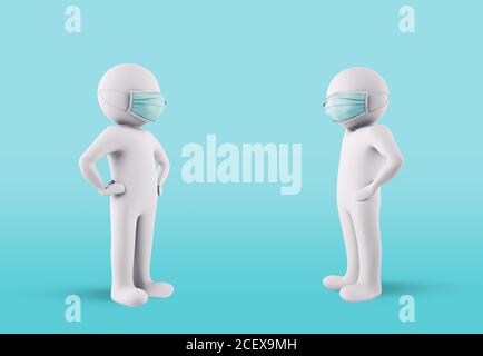 Contagion protection concept by maintaining social distancing and wearing face masks. 3D Rendering Stock Photo