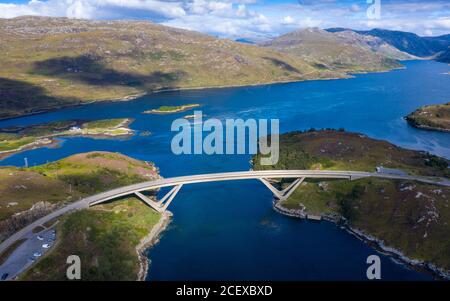 Aerial view of Kylesku Bridge crossing Loch Chairn Bhain in Sutherland, Scotland, UK Stock Photo