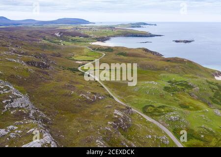 Aerial view of highway part of North Coast 500 tourist route near Durness in Sutherland, Highland Region, Scotland UK Stock Photo