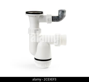New waste water trap or sink drain isolated on white background. Install, clean and repair of domestic plumbing fixtures. Stock Photo