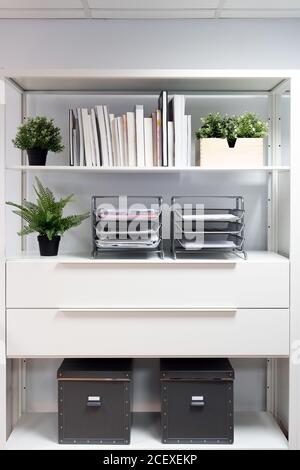 Various books and office paper trays with documents arranged on shelves with green potted plants and archive boxes in contemporary light workspace Stock Photo