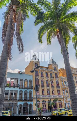 Popular bohemian area of Santa Teresa in Rio de Janeiro. Historic buildings are painted with graffiti. Stock Photo