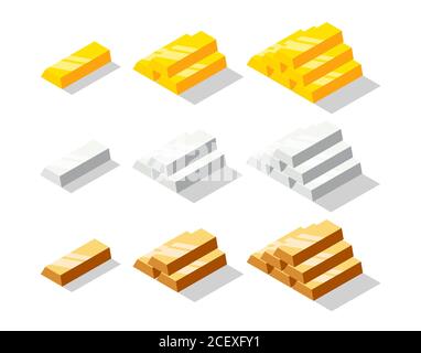 Isometric golden, silver and bronze bars set. Metal bricks or ingot collection isolated on white background Stock Vector