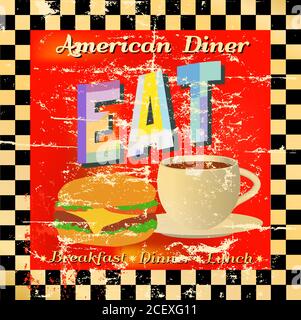 Vintage route 66 diner sign,old fast food restaurant advertsing sign, vector art illustration, americana Stock Vector