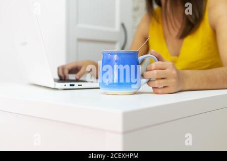 Busy female entrepreneur sitting at table with cup of fresh coffee and typing on netbook while working on remote project Stock Photo