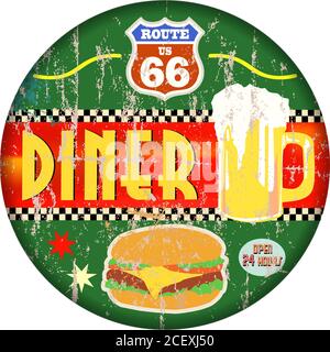 Vintage route 66 diner sign,old fast food restaurant advertsing sign, vector art illustration, americana Stock Vector