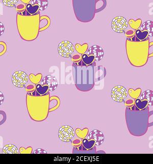 Vector seamless pattern of different candies and lollipops in mugs. Sweet shop design concept. Stock Vector