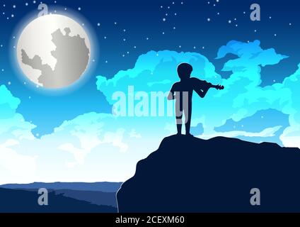 boy playing violin on the cliff in lonely night,vector illustration Stock Vector