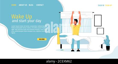 Morning waking up landing page design template Stock Vector