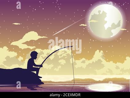 People avtivity and life scene of tha boy is sitting to fishing in beautiful night Stock Vector