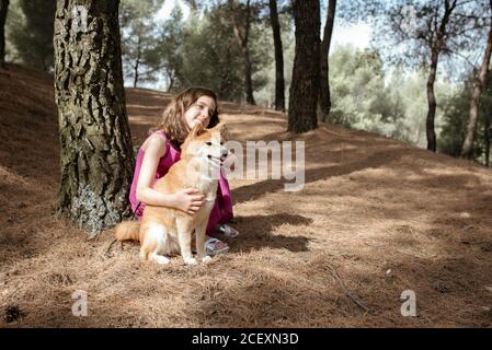 Full length of positive tranquil little girl embracing adorable Shiba Inu dog while sitting together near tree trunk in summer forest Stock Photo