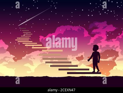 a boy step on the stair way to heaven with interesting,vector illustration Stock Vector