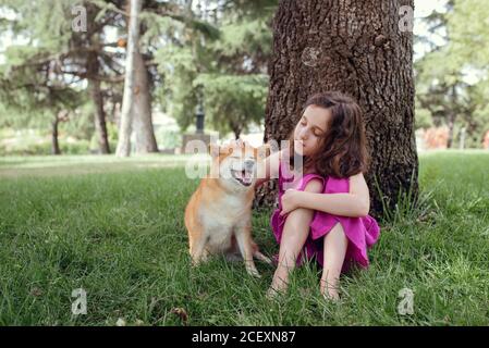 Little girl in summer dress embracing and kissing cute Shiba Inu dog while sitting together on green lawn near tree in summer park Stock Photo