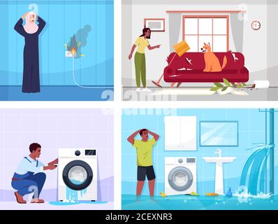 Household incidents semi flat vector illustration set Stock Vector