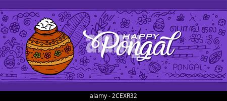 Indian festival pongal doodle sketch blue background Stock Vector