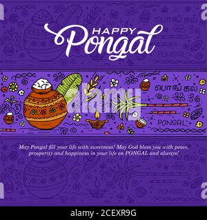 Indian festival pongal wishes doodle sketch blue background Stock Vector