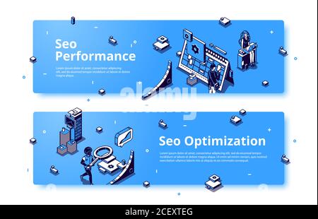 SEO performance and optimization isometric banner. Technology for internet marketing and digital business content. Tiny people with office stuff workflow process, 3d vector line art web header, footer Stock Vector