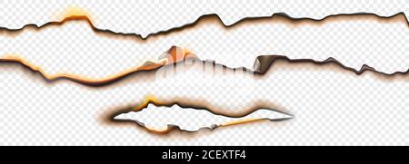 Burnt paper edges with fire and black ash isolated on transparent background. Vector realistic set of borders and frames from scorched and smoldering paper sheets with torn edges Stock Vector