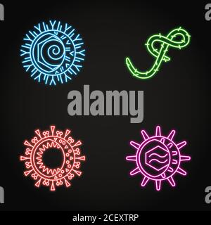 Neon virus cell icons collection in line style. Symbols of herpes simplex, ebola, coronavirus and cytomegalovirus. Vector illustration. Stock Vector