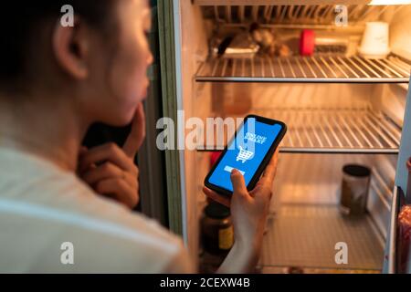 Back view of thoughtful female standing near opened empty fridge and making online order of food via cellphone app Stock Photo
