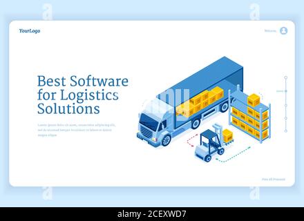 Software for logistics solutions isometric landing page, truck delivery service, forklift loading freight in warehouse. Transportation, shipping distribution, goods export import 3d vector web banner Stock Vector