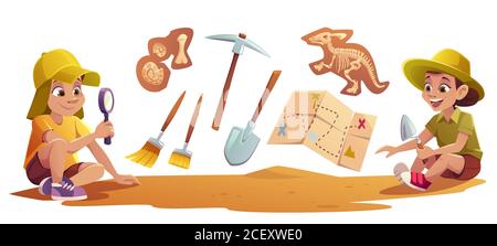 Kids playing in archaeologists working on paleontology excavations digging soil with shovel and exploring artifacts with magnifying glass. Children study dinosaurs fossil. cartoon vector illustration Stock Vector