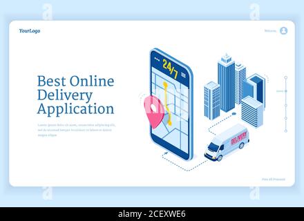 Online delivery application isometric landing page. Smart logistics, geo location service. Truck riding on route at huge smartphone with gps navigator pin on city map. Driver app, 3d vector web banner Stock Vector