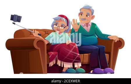 Old man and woman take selfie on smartphone with monopod. Vector cartoon illustration of elderly couple seat on sofa and making photo together on mobile phone with selfie stick Stock Vector
